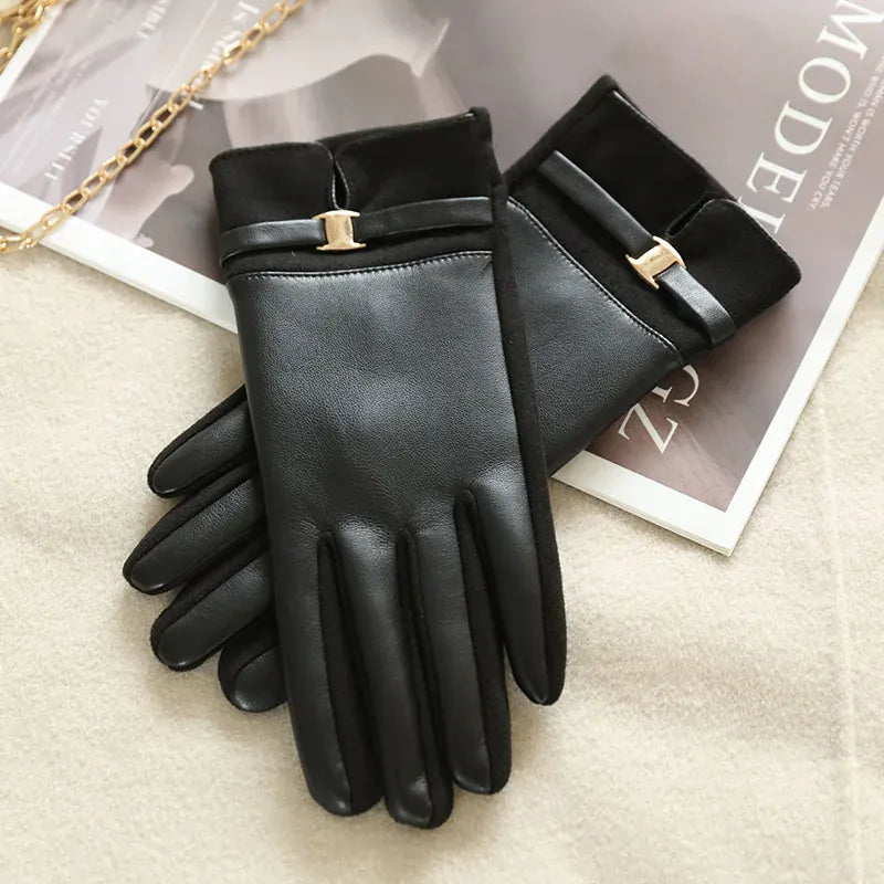 GantsDeStyle® Black Women Winter Thick Suede Leather Gloves Fashion Elegant Retro Cycling Drive Keep Warm Touch Screen Windproof  Soft Comfortable