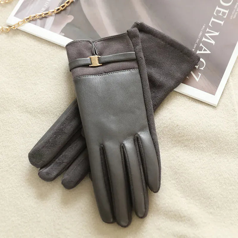 GantsDeStyle® Grey Women Winter Thick Suede Leather Gloves Fashion Elegant Retro Cycling Drive Keep Warm Touch Screen Windproof  Soft Comfortable